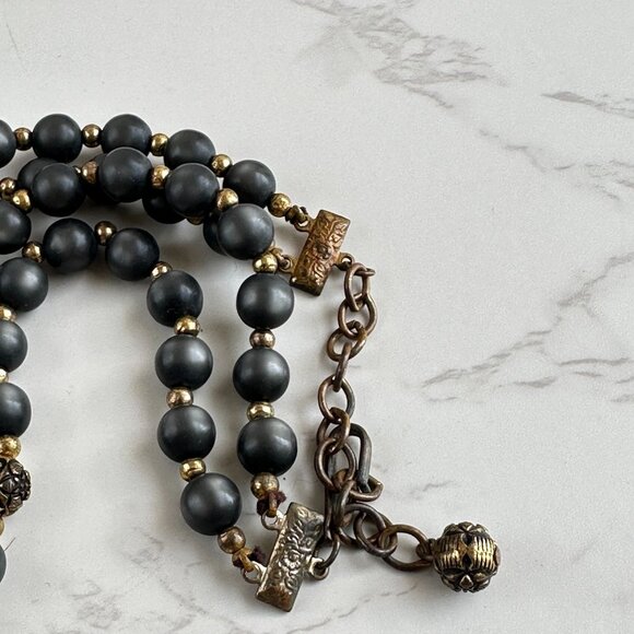 Vintage Boho Choker, Double Strand Black Beads, Brass Filigree, 1960s Tribal - Picture 7 of 8